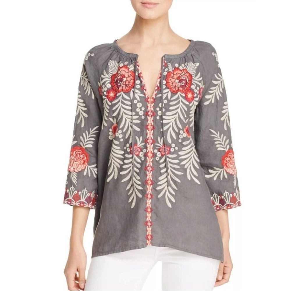Johnny Was Maya Embroidered Linen Tie Neck Peasant Blouse Voltage/gray Small